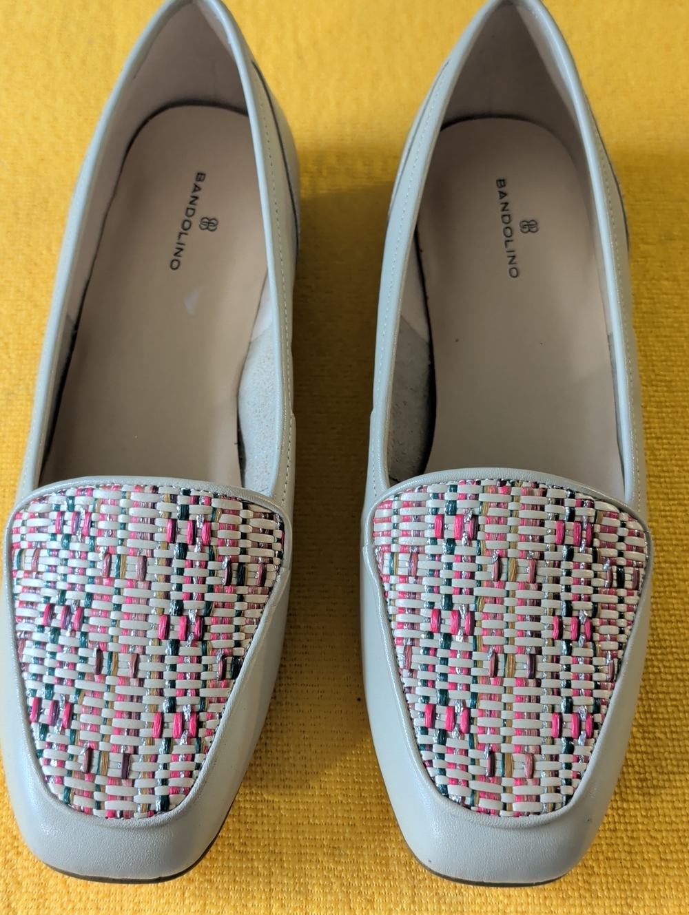 Bandolino Cream Loafers with Pink & Green Woven Top
